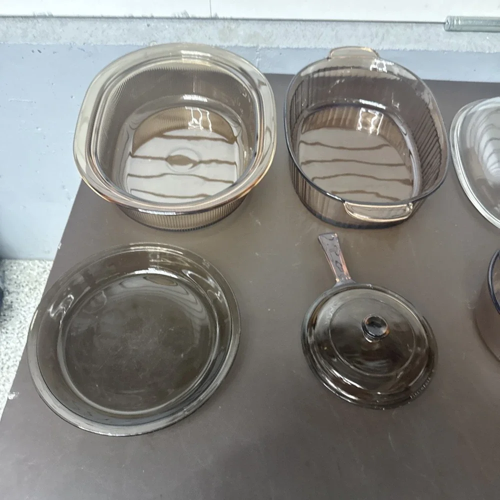 VTG CORNING VISION PYREX 6 Piece Amber & 1 Piece Clear Lid Roasting Pan Pot Pie